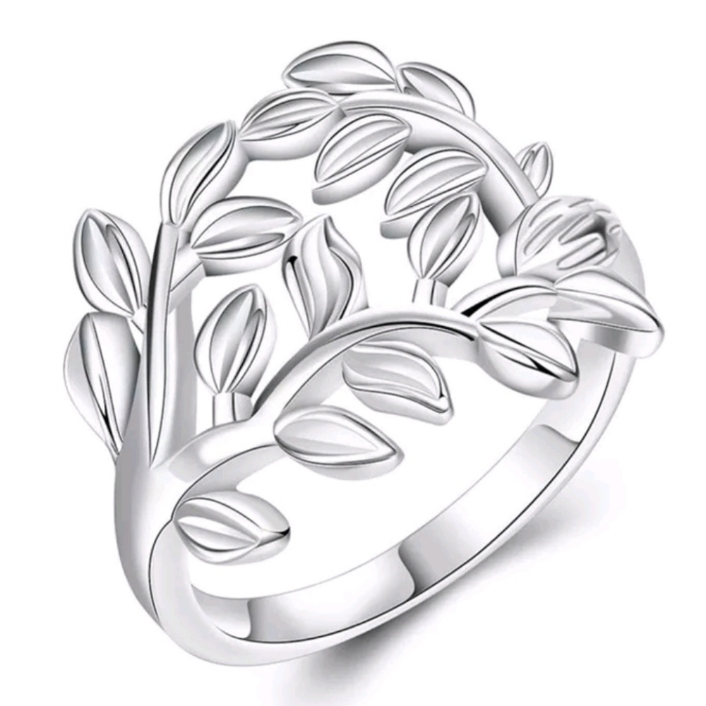 Sterling Silver Plated Leaf Ring with Cubic Zircon - Picture 1 of 3